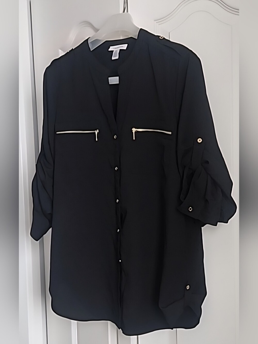 Calvin Klein Button-Up Black Top w/ Gold Zip Accents, Lightweight Size L. EUC